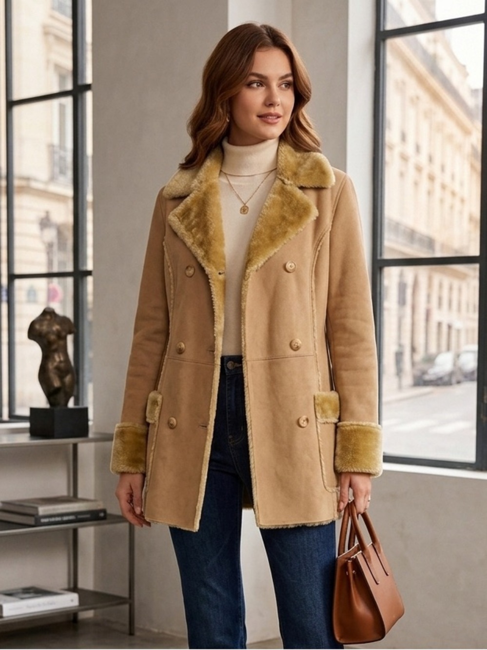 DKNY JEANS Faux Suede Faux Fur Lined Double Breasted Coat Caramel Tan Medium Y2K